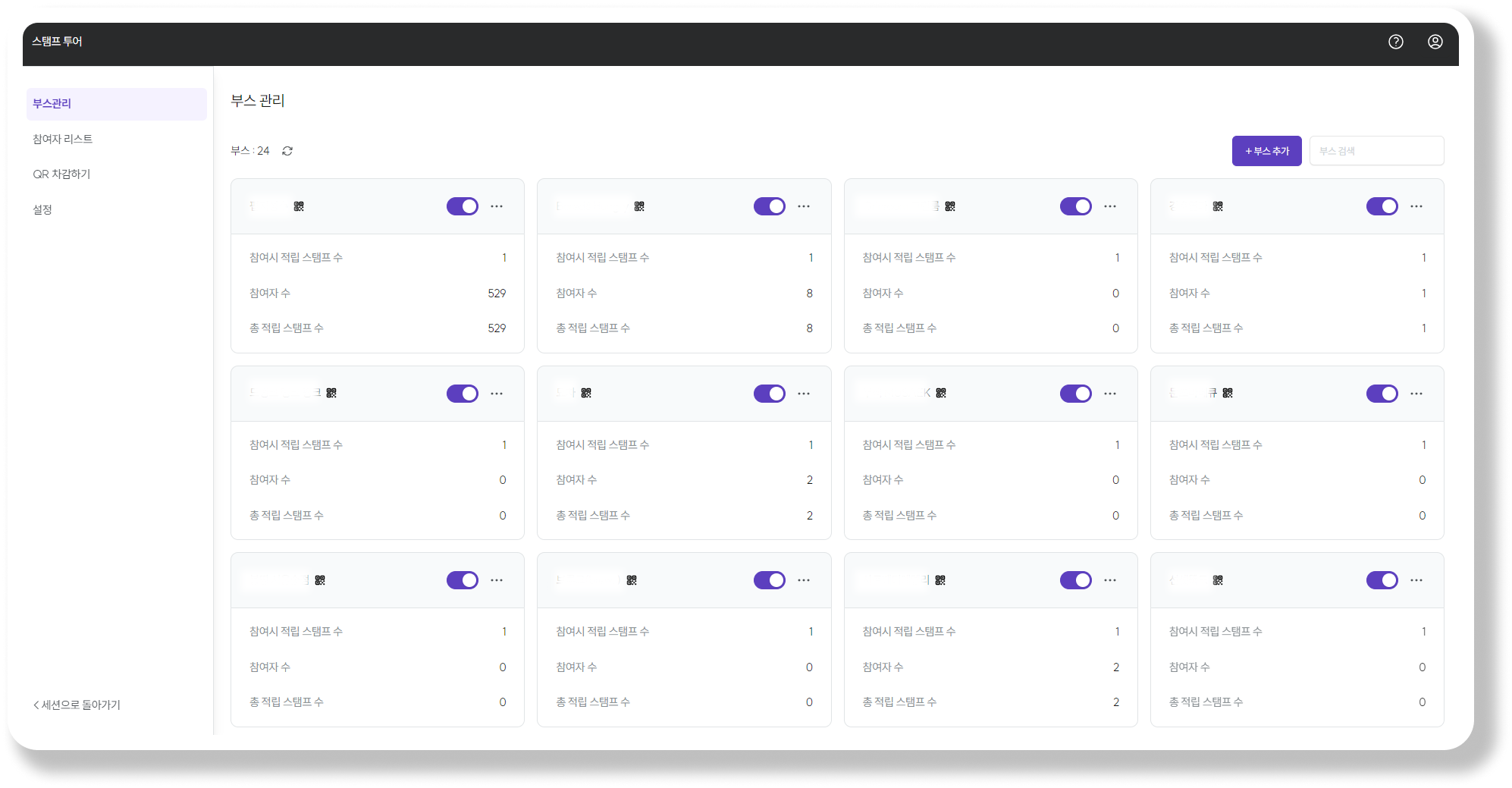 스탬프투어 부스 관리 페이지_ 부스별 참가자 수와 적립 스탬프 현황을 확인하는 화면