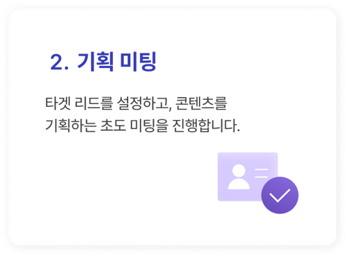 2. 기획 미팅_타겟 리드를 설정하고, 콘텐츠를
기획하는 초도 미팅을 진행합니다. 2. 기획 미팅_타겟 리드를 설정하고, 콘텐츠를
기획하는 초도 미팅을 진행합니다.