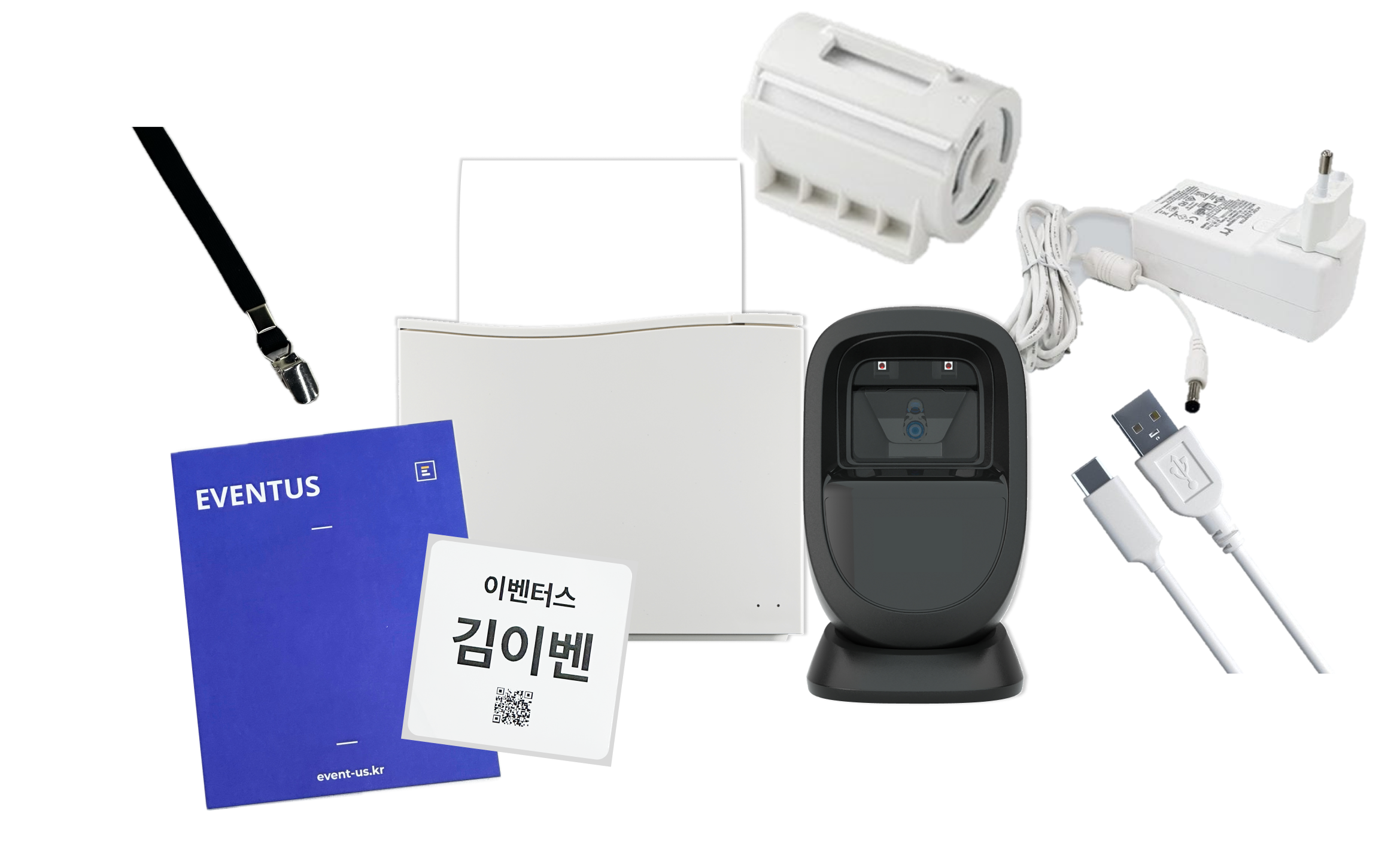 등록데스크 운영 장비 구성: 노트북, 명찰 프린터, QR 스캐너, 라벨지, 배경용지, 클립형 목걸이 줄